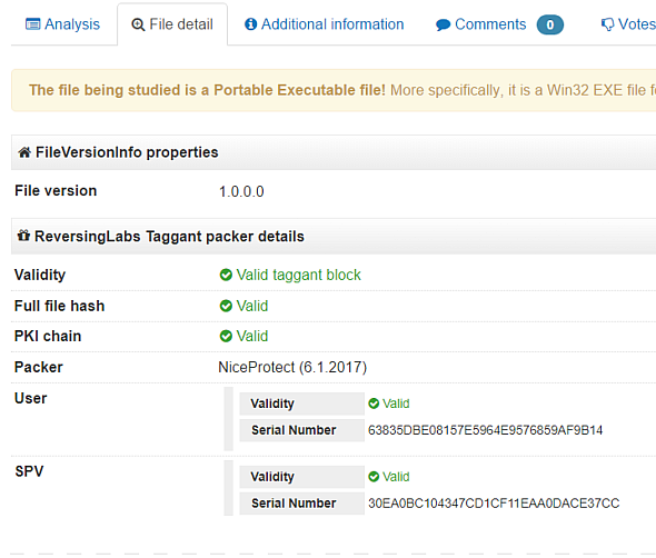 DotFix NiceProtect Checking Taggant on VirusTotal website